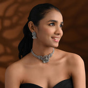 I Jewels Oxidised Krishna Motif Temple Necklace Set with Earrings for Women (MC242OX)