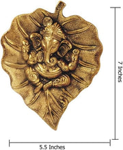 Crafts of India Leaf Shaped Divine Ganesha Brass Statue Sculpture with Spiritual Ganesha Art Print Poster (Golden)