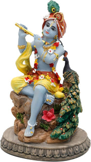 alikiki Hindu God Krishna Statue - 5.5”H India Lord Krishna Idol Play The Flute w/Peacock Murti Item Home Office Temple Mandir Shrine Altar Pooja Decor Diwali Puja Decor Gifts for Indian Friend