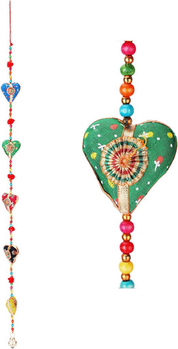 Crafts of India Handmade Five Colorful Hearts and Colorful Beads Exquisite Main Door Wall Hanging Home and Office Decor