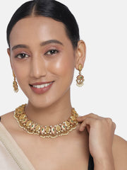 Aheli Beautiful Wedding Wear Indian Laxmi Goddess Faux Stone Studded Floral Design Crafted Necklace Earrings Set Ethnic Fashion Jewelry for Women