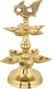 SATVIK 1 Pc Brass Panchmukhi Peacock Kerala Samai Puja Diya Kutthu Vilakku Oil Lamp Pooja 2 Step Diya Engraved Design Deepak Indian Diwali Pooja Home Mandir Office Decor Housewarming Return Gift Items