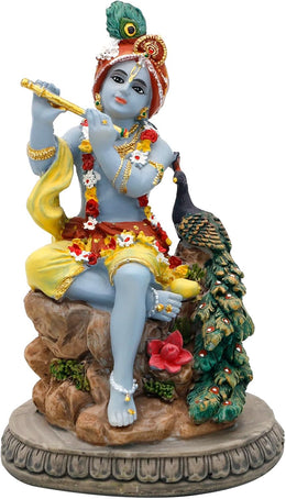 alikiki Hindu God Krishna Statue - 5.5”H India Lord Krishna Idol Play The Flute w/Peacock Murti Item Home Office Temple Mandir Shrine Altar Pooja Decor Diwali Puja Decor Gifts for Indian Friend