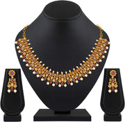 Aheli Beautiful Wedding Wear Indian Laxmi Goddess Faux Stone Studded Floral Design Crafted Necklace Earrings Set Ethnic Fashion Jewelry for Women