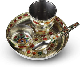 Crafts of India Meenakari Bhog Thali Set for Kanha Thakur ji Indian Hindu God Rituals Puja Plate. Set of 4 Pieces, (Plate, Katori, Glass, Spoon)