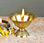 Handmade Brass Lotus Akand Diya - Traditional Indian Festive Diwali Pooja Lamp & Home Temple Decoration - Engraved Golden Oil Lamp - Perfect for Thanksgiving - Pack of 2 (2.50 INCH)