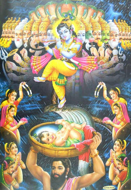 Crafts of India Vasudev carrying Newly Born Bal Krishna to Gokul/Hindu God Poster - Reprint on Paper (Unframed : Size 21 