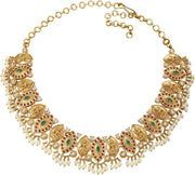 Aheli Beautiful Wedding Wear Indian Laxmi Goddess Faux Stone Studded Floral Design Crafted Necklace Earrings Set Ethnic Fashion Jewelry for Women