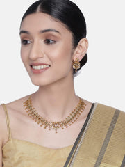 Aheli Beautiful Wedding Wear Indian Laxmi Goddess Faux Stone Studded Floral Design Crafted Necklace Earrings Set Ethnic Fashion Jewelry for Women