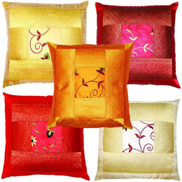 Marubhumi Indian Ethnic Hand Embroidery Decorative Silk Pillow Cushion Cover Set of 5 Pcs Size 16 X 16 Inches