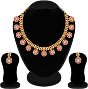 Aheli Beautiful Wedding Wear Indian Laxmi Goddess Faux Stone Studded Floral Design Crafted Necklace Earrings Set Ethnic Fashion Jewelry for Women