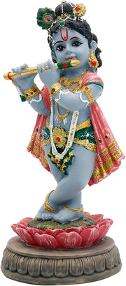 alikiki Hindu Krishna Idol Statue - 5.7”H Indian God Lord Krishna on Lotus Playing Flute India Murti Item Home Office Temple Mandir Shrine Altar Pooja Decor Diwali Puja Gifts for Indian Friends