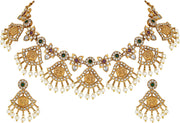 Aheli Beautiful Wedding Wear Indian Laxmi Goddess Faux Stone Studded Floral Design Crafted Necklace Earrings Set Ethnic Fashion Jewelry for Women