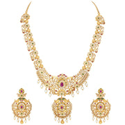 Aheli Wedding Wear Gold Tone Goddess Engraved on Coin Long Necklace Set South Indian Traditional Bollywood Fashion Jewelry Set for Women