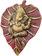 Crafts of India Leaf Shaped Divine Ganesha Brass Statue Sculpture with Spiritual Ganesha Art Print Poster (Golden)