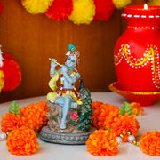 alikiki Hindu God Krishna Statue - 5.5”H India Lord Krishna Idol Play The Flute w/Peacock Murti Item Home Office Temple Mandir Shrine Altar Pooja Decor Diwali Puja Decor Gifts for Indian Friend