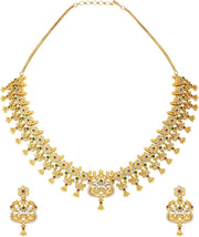 Aheli Beautiful Wedding Wear Indian Laxmi Goddess Faux Stone Studded Floral Design Crafted Necklace Earrings Set Ethnic Fashion Jewelry for Women