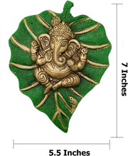 Crafts of India Leaf Shaped Divine Ganesha Brass Statue Sculpture with Spiritual Ganesha Art Print Poster (Golden)