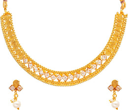 Bodha Traditional Indian Indian Antique Gold Jewellery, Necklace Set with Earrings for Women (SJN_79), Brass, No Gemstone