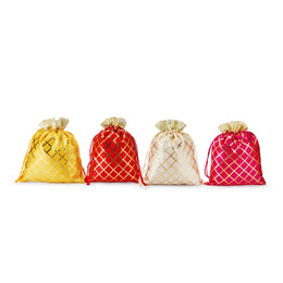 CRAFTS OF INDIA Handcrafted Indian Exquisite Organza Fabric Potli Favor Bags with Geometric Dots Designs, Perfect for Packaging Chocolates, Dry Fruit Diwali, Christmas and Return Gifts (SET OF 6 BAGS)