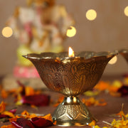 Handmade Brass Lotus Akand Diya - Traditional Indian Festive Diwali Pooja Lamp & Home Temple Decoration - Engraved Golden Oil Lamp - Perfect for Thanksgiving - Pack of 2 (2.50 INCH)