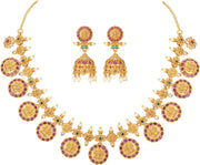 Aheli Beautiful Wedding Wear Indian Laxmi Goddess Faux Stone Studded Floral Design Crafted Necklace Earrings Set Ethnic Fashion Jewelry for Women