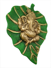 Crafts of India Leaf Shaped Divine Ganesha Brass Statue Sculpture with Spiritual Ganesha Art Print Poster (Golden)