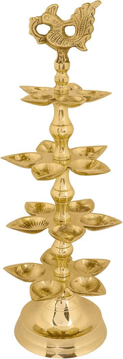 SATVIK 1 Pc Brass Panchmukhi Peacock Kerala Samai Puja Diya Kutthu Vilakku Oil Lamp Pooja 2 Step Diya Engraved Design Deepak Indian Diwali Pooja Home Mandir Office Decor Housewarming Return Gift Items