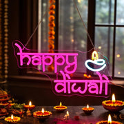 WILLBOND Happy Diwali Neon Sign Diwali Diya Party Decoration Deepawali LED Neon Light Sign Indian Hindu Pooja Room Light Hanging Decoration for Puja Party Festival Gifts