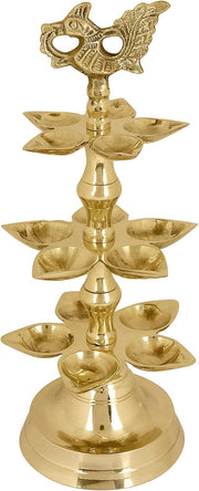 SATVIK 1 Pc Brass Panchmukhi Peacock Kerala Samai Puja Diya Kutthu Vilakku Oil Lamp Pooja 2 Step Diya Engraved Design Deepak Indian Diwali Pooja Home Mandir Office Decor Housewarming Return Gift Items