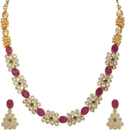 Aheli Beautiful Wedding Wear Indian Laxmi Goddess Faux Stone Studded Floral Design Crafted Necklace Earrings Set Ethnic Fashion Jewelry for Women