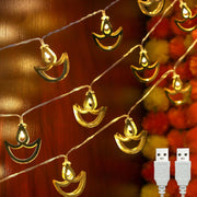 Metal Diwali Diya String Lights - Warm White USB LED Electric Diya Lights for Diwali Gifts, Mandir, Altar, Shrine Pooja Decor - Reusable Hindu Festival Wedding Puja Decorations(2-Pack)