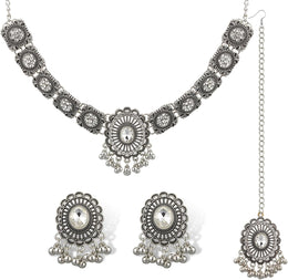 Quelay 3 Pcs Indian Jewelry Set for Women Indian Traditional Statement Choker Necklace Earrings Forehead Jewelry Gifts Rhinestone Maang Tikka Bridal Wedding Prom Set