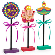3 Pcs Happy Diwali Table Decorations Indian Festival of Lights Wooden Signs for Hindu Deepavali Party Decor (Diwali)