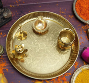 Universal Hub Pooja Thali Set Of 5 Pcs Serving Plate Decorative Tray Indian Puja Items Aarti Plate For Temple, Wedding Home Décor Mandir Brass Tika Thali Wedding Thali Decoration Diwali Gifts