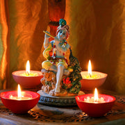 alikiki Hindu God Krishna Statue - 5.5”H India Lord Krishna Idol Play The Flute w/Peacock Murti Item Home Office Temple Mandir Shrine Altar Pooja Decor Diwali Puja Decor Gifts for Indian Friend