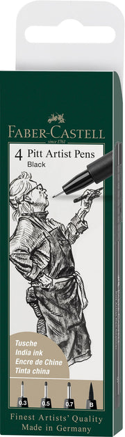 Faber-Castell Art & Graphic Pitt Artist Pen India Ink Pen, Black, Wallet Of 4, For Art, Craft, Drawing, Sketching, Home, School, University, Colouring