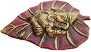 Crafts of India Leaf Shaped Divine Ganesha Brass Statue Sculpture with Spiritual Ganesha Art Print Poster (Golden)