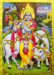 Crafts of India Krishna With Cow Poster/Reprint Hindu God Picture with Golden Foil (Unframed : Size 5
