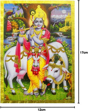 Crafts of India Krishna With Cow Poster/Reprint Hindu God Picture with Golden Foil (Unframed : Size 5