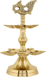 SATVIK 1 Pc Brass Panchmukhi Peacock Kerala Samai Puja Diya Kutthu Vilakku Oil Lamp Pooja 2 Step Diya Engraved Design Deepak Indian Diwali Pooja Home Mandir Office Decor Housewarming Return Gift Items
