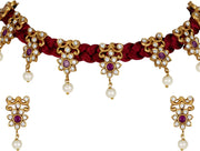 Aheli Beautiful Wedding Wear Indian Laxmi Goddess Faux Stone Studded Floral Design Crafted Necklace Earrings Set Ethnic Fashion Jewelry for Women