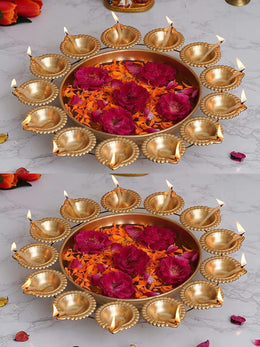 Kalakriti Metal Urli Bowl |Large Decorative Handi Craft |Indian puja Decorations |Hindu Temple Accessories IDecorative Urli Bowl for Diwali Navratri Home Decor - Lotus Design (Set of 2, 12 inch)