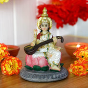Hindu Goddess Saraswati Idol Statue - 5.1”H Saraswati Statue Indian Spiritual Culture Sculpture Pooja Item India Idol Statue Diwali Decor Diwali Gifts Hindu God Figurines
