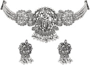 I Jewels Oxidised Krishna Motif Temple Necklace Set with Earrings for Women (MC242OX)