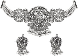 I Jewels Oxidised Krishna Motif Temple Necklace Set with Earrings for Women (MC242OX)