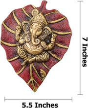 Crafts of India Leaf Shaped Divine Ganesha Brass Statue Sculpture with Spiritual Ganesha Art Print Poster (Golden)