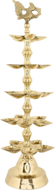 SATVIK 1 Pc Brass Panchmukhi Peacock Kerala Samai Puja Diya Kutthu Vilakku Oil Lamp Pooja 2 Step Diya Engraved Design Deepak Indian Diwali Pooja Home Mandir Office Decor Housewarming Return Gift Items