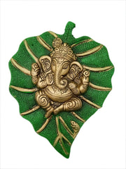 Crafts of India Leaf Shaped Divine Ganesha Brass Statue Sculpture with Spiritual Ganesha Art Print Poster (Golden)