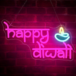 WILLBOND Happy Diwali Neon Sign Diwali Diya Party Decoration Deepawali LED Neon Light Sign Indian Hindu Pooja Room Light Hanging Decoration for Puja Party Festival Gifts